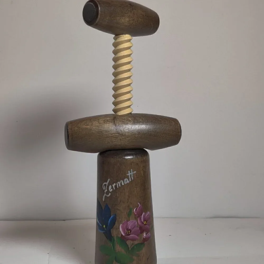 Wine Opener from Switzerland , city of Zermatt with Hand Painted Flowers on wood